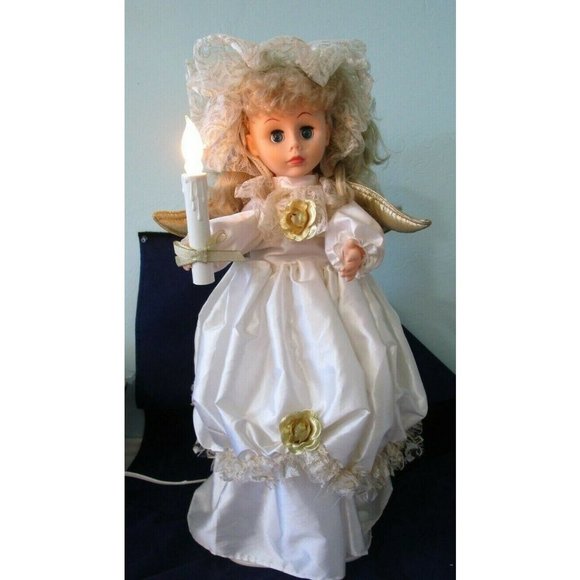Animated Christmas Angel Doll 24" White Gold Lace Mantilla Trim Roses Candle IOB - Picture 3 of 12